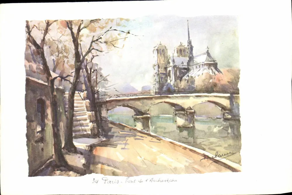 Paris - Ponte do Arcebispo — aquarela assinada 'F. Larrue' — n° 34 - Frente