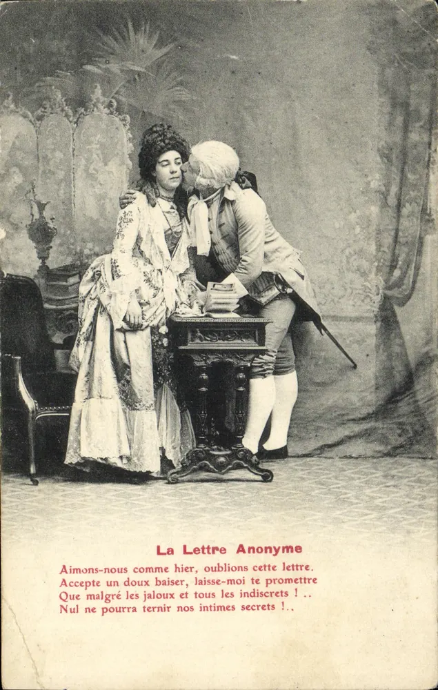 Scène d'amour — couple en costume d'époque près d'une table — éditeur anonyme - Frente