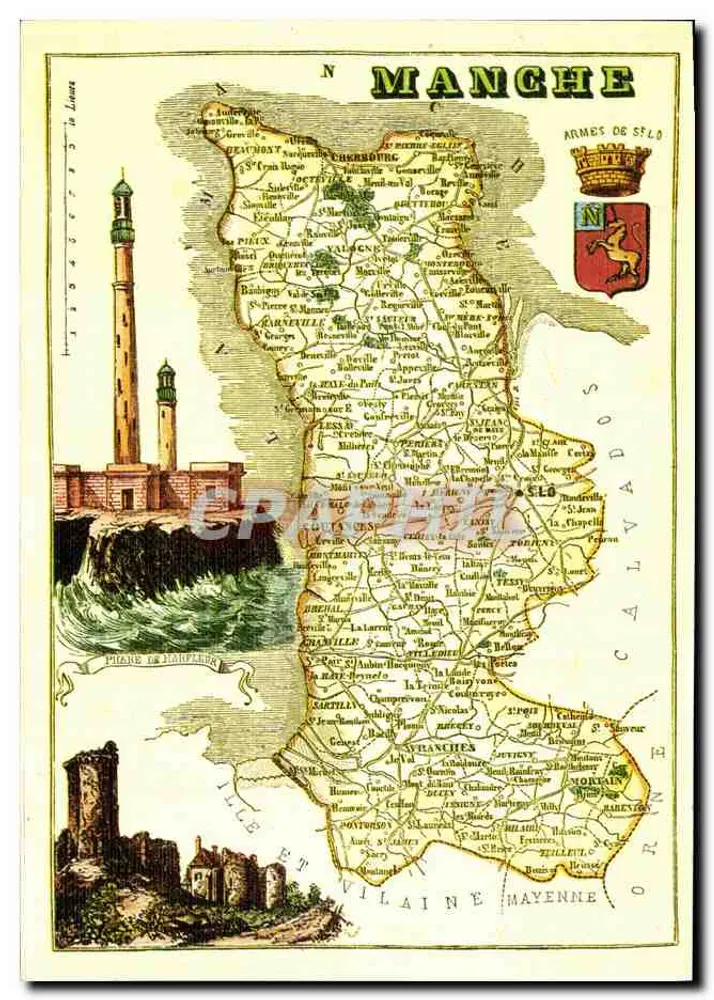 Manche — Carta geográfica com farol e castelo — Artaud Frères - Frente