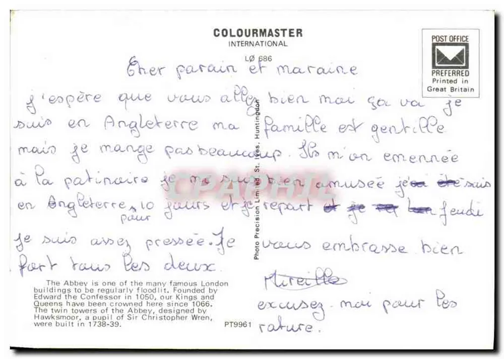 Abadia de Westminster, Londres, iluminada — Colourmaster International, n° L0 686 - Verso