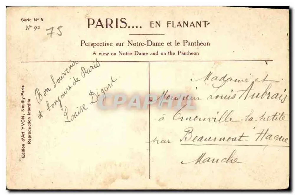 Paris... em Flanando — Perspectiva sobre Notre-Dame e o Panthéon — Edição de Arte YVON, Neaullly - Verso