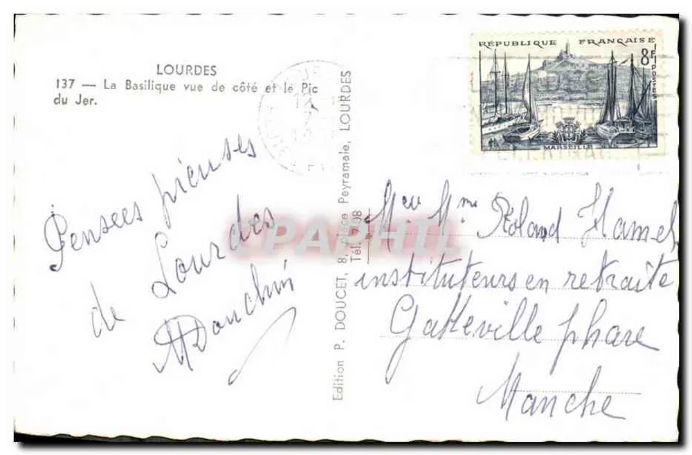 Lourdes — La Basilique vue de côté et le Pic du Jer — Éditeur Edlux - Verso