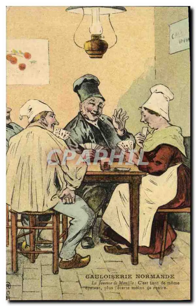 Normannische Gauloisserie — Die Manille-Spielerin: Es ist dennoch erstaunlich, je weniger ich auseinanderklappe, desto mehr geht es rein. — Verlag nicht sichtbar, Seriennummer nicht sichtbar - Vorderseite