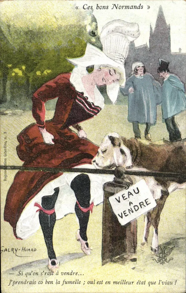 Diese guten Normannen — Karikatur einer Frau, die ein Kalb verkauft — Galry-Huard, Nr. 3 - Vorderseite