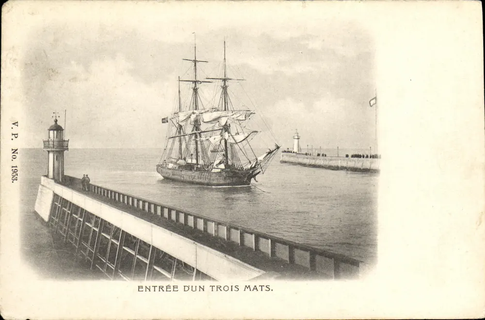 Entrée d'un trois mats — vue d'un trois-mâts à l'entrée d'un port avec phare — éditeur V.P. No 1953 - Vorderseite