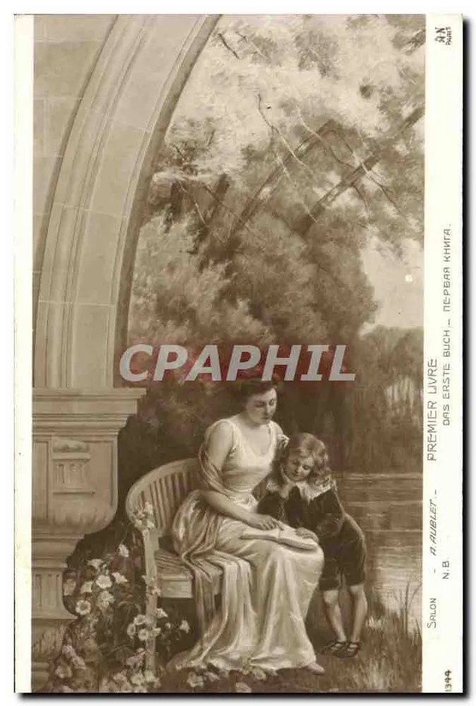 Mulher e criança lendo — Primeiro livro — Salão N.B. — A. Aublet — N° 344 - Frente