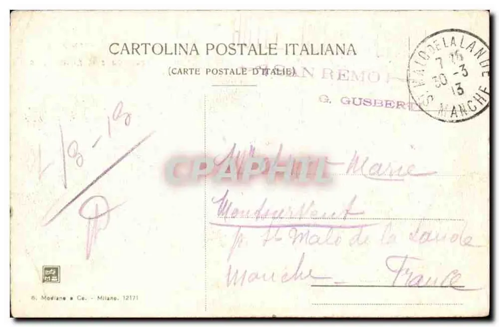 Sanremo — Promenade e Hotel Paris — Modiane & Cie, Milão - Verso