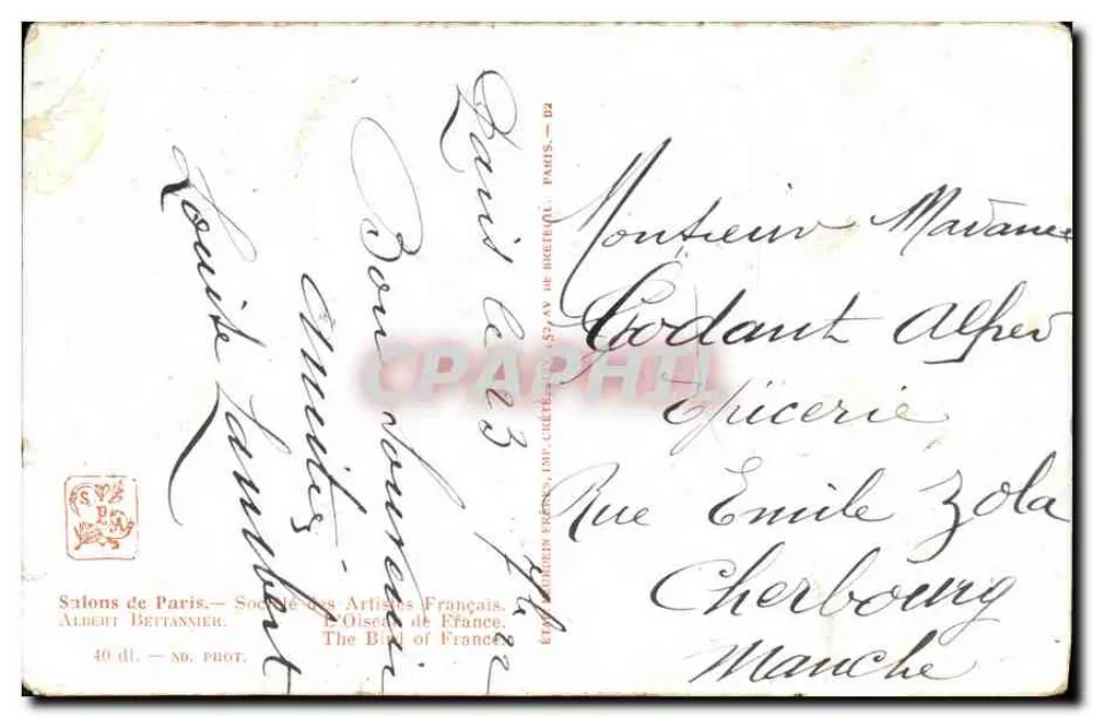 Der Oiseau de France — ländliche Szene mit einem fliegenden Vogel — Verleger Albert Bettannier, n° 40 dl - Rückseite