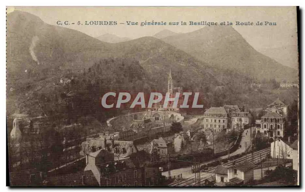 Lourdes — Allgemeiner Blick auf die Basilika und die Route nach Pau — C.C. n°5 - Vorderseite