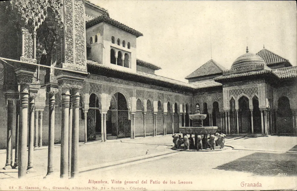 Alhambra, Allgemeiner Blick auf den Patio de los Leones — R. Garzon, Granada, Alhambra Nr. 24 — Sevilla - Córdoba - Vorderseite