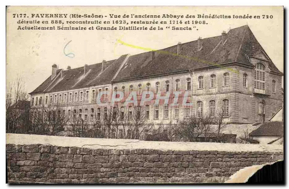 Faverney (Haute-Saône) — Ansicht der alten Benediktinerabtei, gegründet 720, zerstört 888, wiederaufgebaut 1623, restauriert 1714 und 1908. Derzeit Seminar und große Destillerie der "Sancta". — Verleger: Établissements C. Lardin, Faverney. Nr. 7177. - Vorderseite