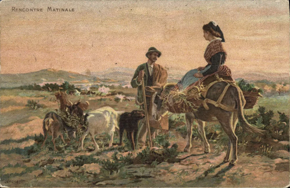 Encontro Matinal — cena de campo com pastor e mulher com jumento — Défonce, n°79 - Frente