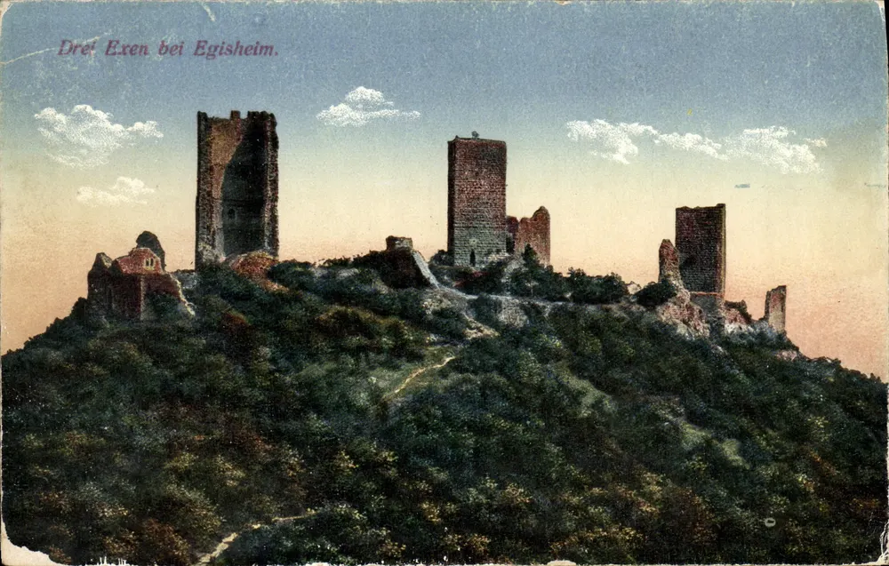Drei Exen bei Egisheim — ruínas de três torres em uma colina arborizada — editor K. Hartmann, Heidelberg - Frente
