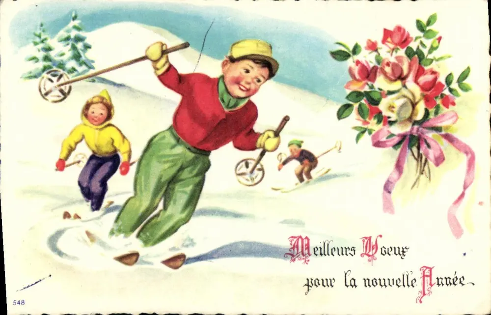 Skifahren und Rosenstrauß — Beste Wünsche zum neuen Jahr — Nr. 548 - Vorderseite