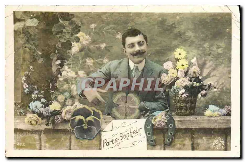 Homme à moustache — scène de jardin avec fleurs et symboles de bonheur — éditeur Paris, n° 493 - Vorderseite