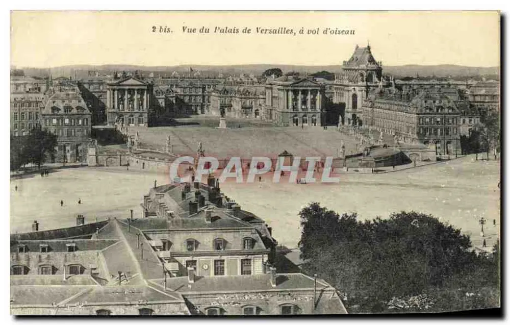 Vista do Palácio de Versailles, em voo de pássaro — 2 bis — Héliotypie A. Bourdier, Versailles - Frente