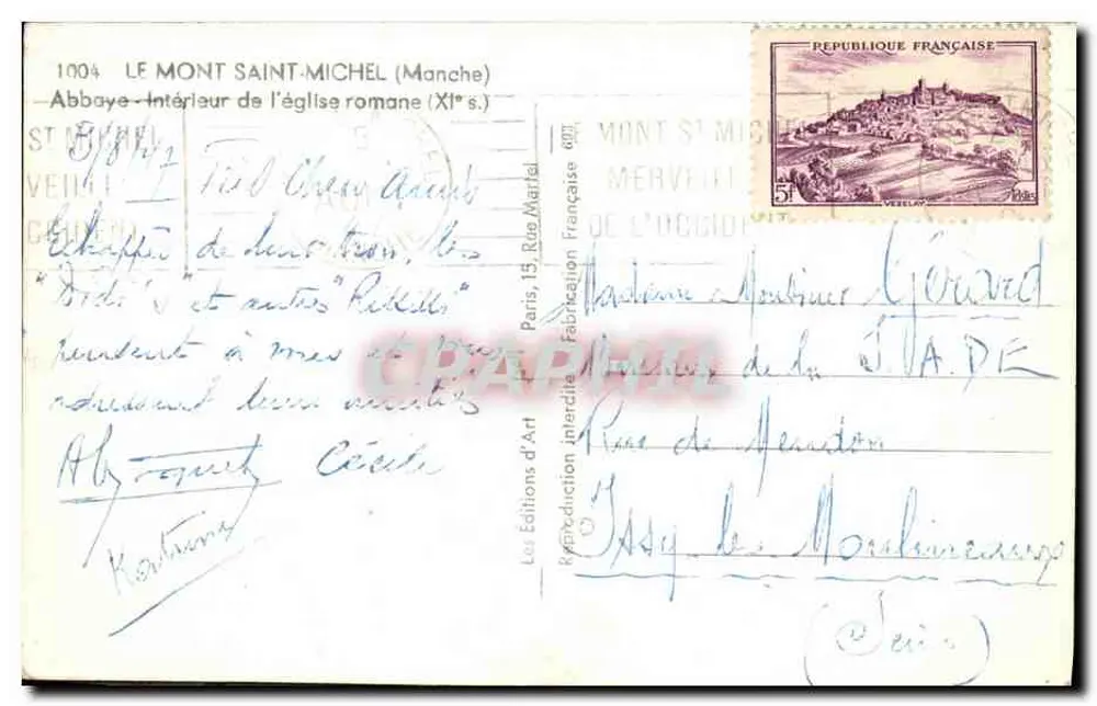 Mont Saint-Michel — Innenansicht der romanischen Kirche (11. Jh.) — Les Éditions d'Art - Rückseite