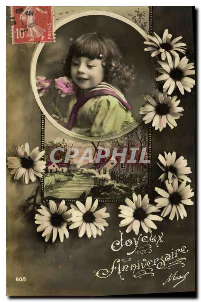 Menina sorridente com flores — Aniversário — Masuel n°608 - Frente