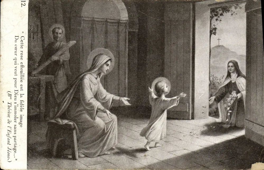 La Vierge et l'Enfant Jésus — scène intérieure avec sainte Thérèse à la porte — éditeur DÉMOLE - Frente