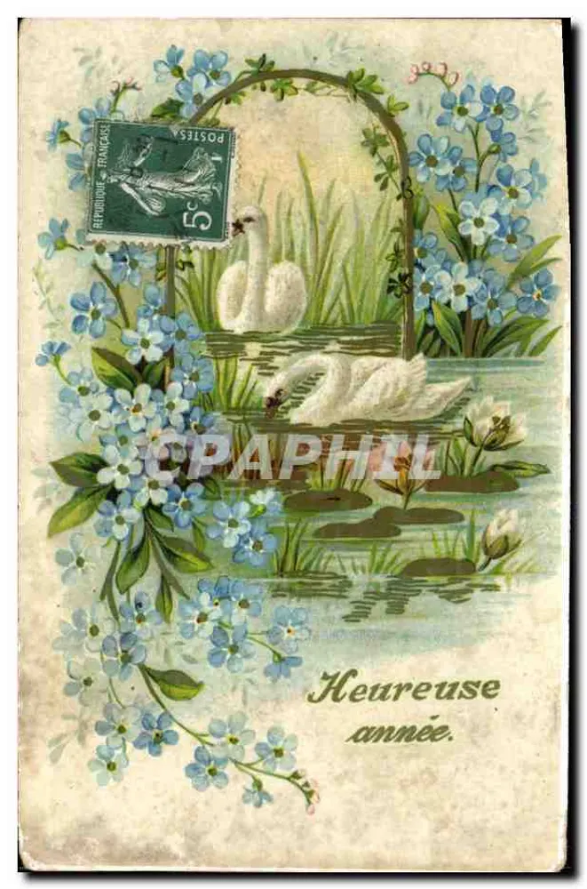 Cisne e flores — Feliz ano — Editor desconhecido, número de série não visível - Frente