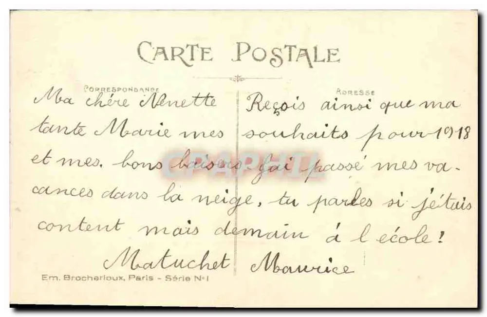 Schneekind — Frohe Weihnachten — Em. Brocherloux, Paris - Serie Nr. 1 - Rückseite