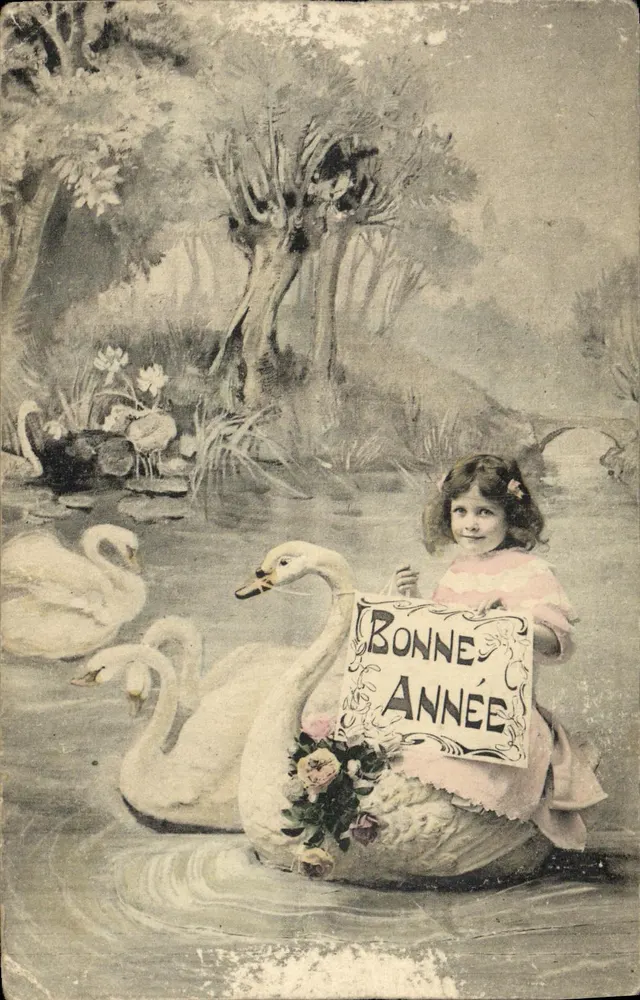 Fille assise sur un cygne — scène de lac avec cygnes — éditeur anonyme - Anverso