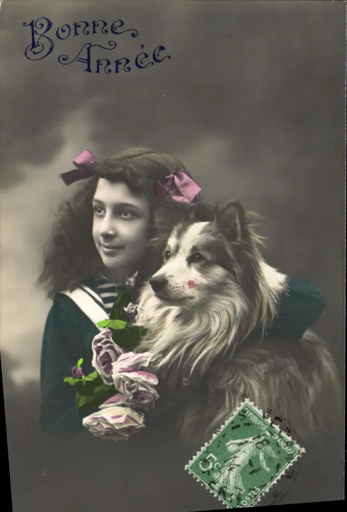 Bambina e cane — Buon Anno — editore sconosciuto, numero di serie non visibile - Recto
