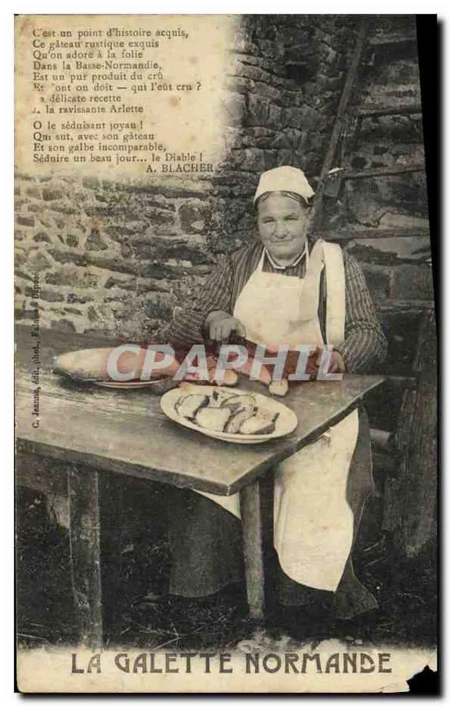 La Galette Normande — femme cuisinière présentant un plat devant un mur de pierre — éditeur C. Varnang, d'après A. Blacher - Frente
