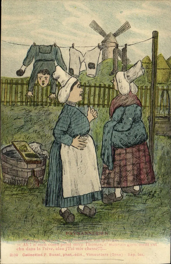 Paysanneries — Cena humorística com duas mulheres e uma criança em um jardim — Coleção P. Bunel, fot.-edit., Vimoutiers (Orne) — n° 2109 - Frente