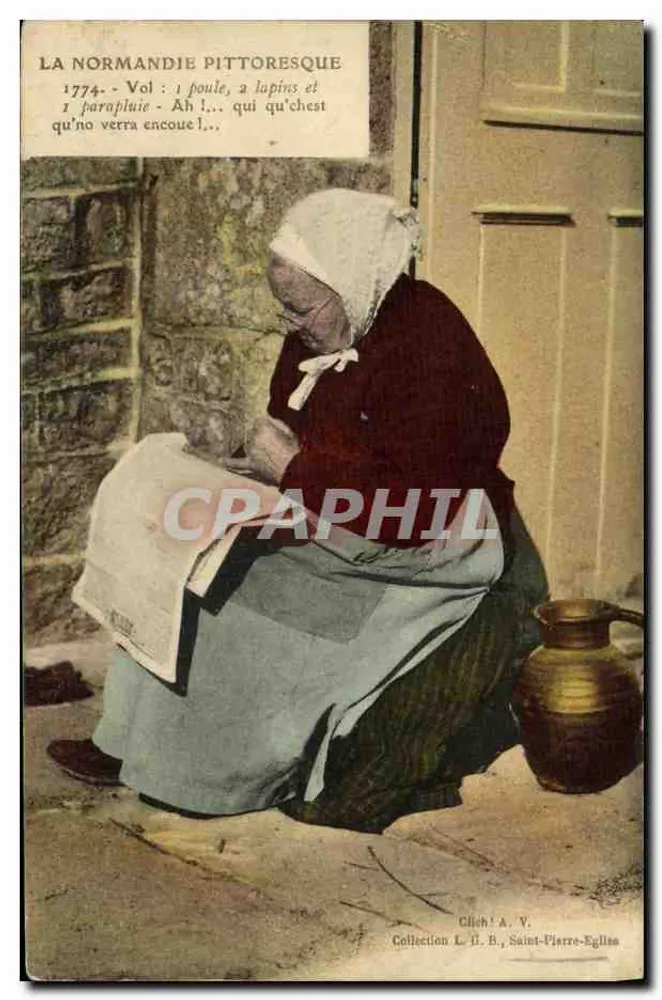 Normannische Frau, die eine Zeitung liest — Pittoreske Normandie, Bd. 1 — Cliché A. V., Sammlung L. B., Saint-Pierre-Eglise - Vorderseite