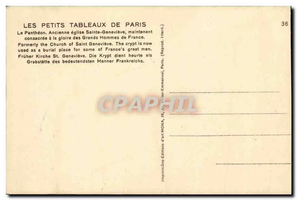 O Panteão — Antiga Igreja de Santa Geneviève — editor MONA, n°36 - Verso