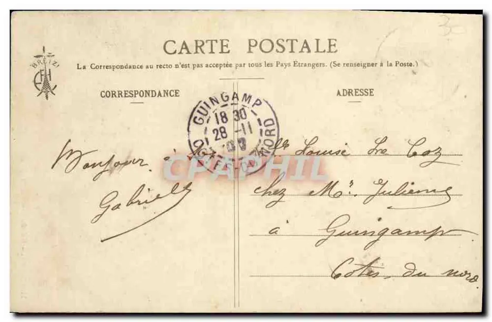Bretanha - O Pequeno Brincalhão - Editor F. Hamatte, St-Brieuc, n°2193 - Verso