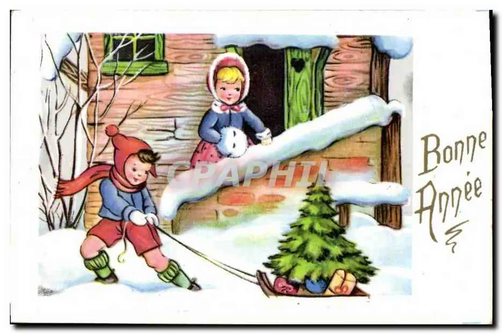 Crianças brincando na neve — Boa Ano — editor não visível - Frente