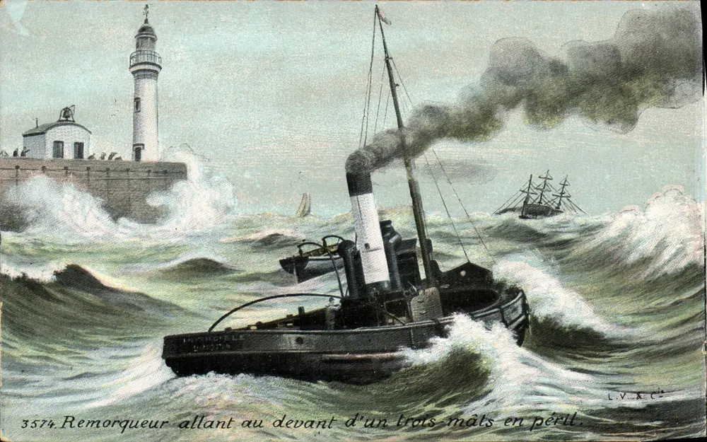 Schlepper, der einem Drei-Mast-Schiff entgegenfährt — L.V. & Cie — n° 3574 - Vorderseite