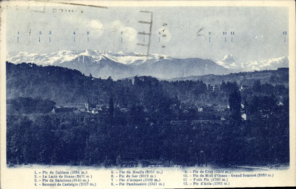 Die Pyrenäen-Kette — Panoramablick mit identifizierten Gipfeln — G. Ardant, Arcenac des Pyrénées - Vorderseite