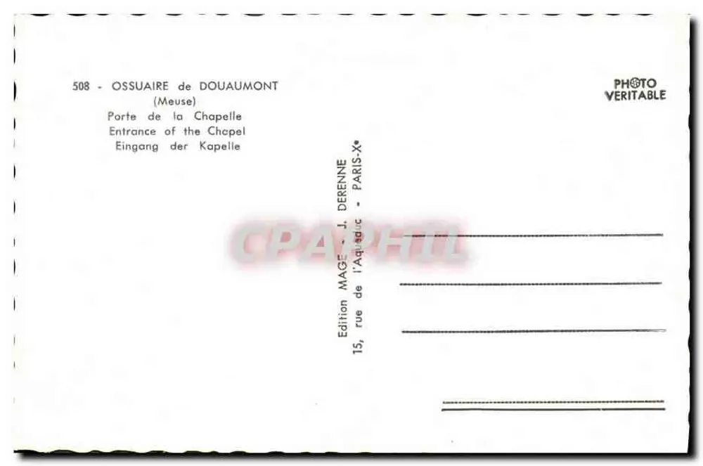 Porta da capela do Ossuário de Douaumont — editor J. DÉRENNE, n° 508 - Verso
