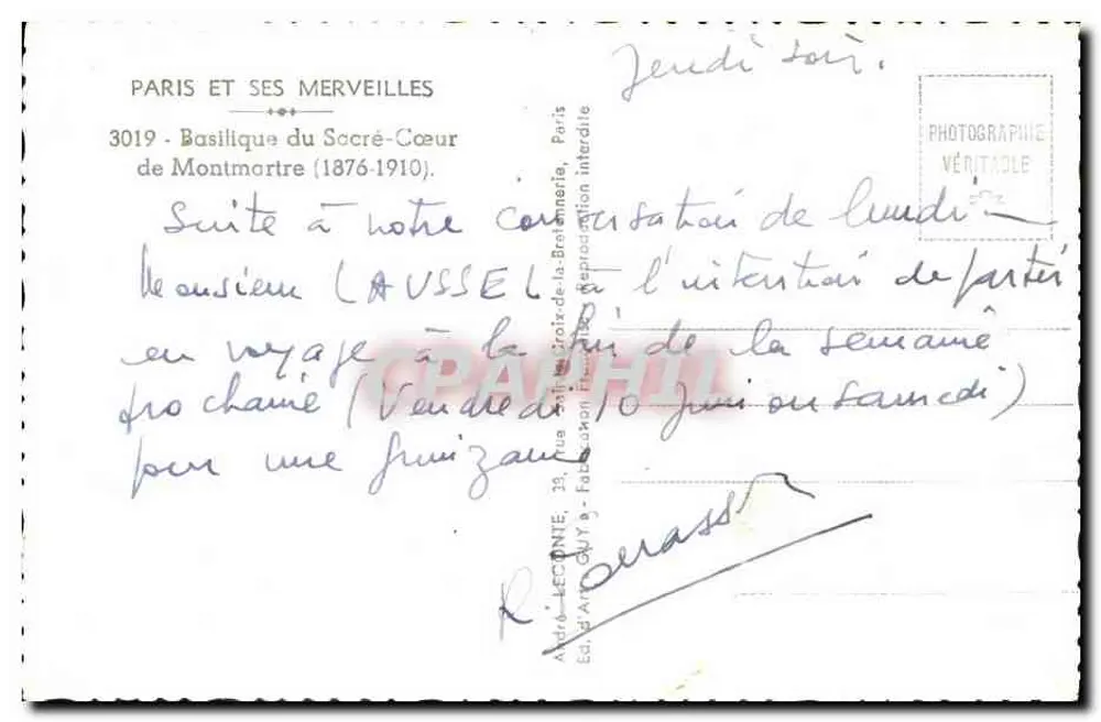 Basilika des Heiligen Herzens — Paris — Verlag André Lecointe, Nummer 3019 - Rückseite
