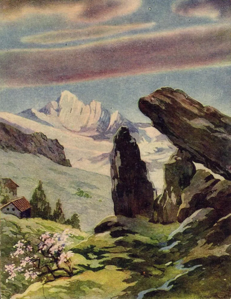 Paisagem alpina — montanhas nevadas, rochedos e cabana — N. 7 - Frente