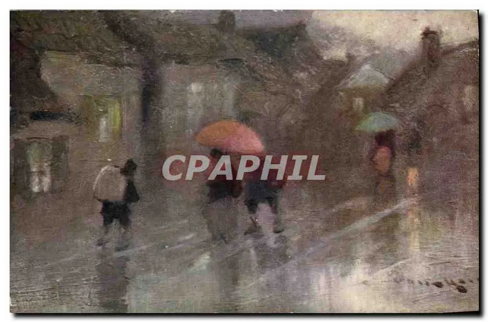 Scena uliczna pod deszczem — ilustracja — wydawca Raphaël Tuck & Fils Ltd, seria 965 - Awers