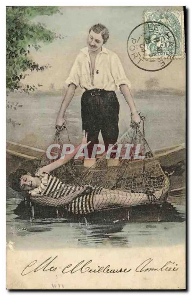 Fischer und Frau in einem Netz — Flusslandschaft — Verlag nicht sichtbar - Vorderseite