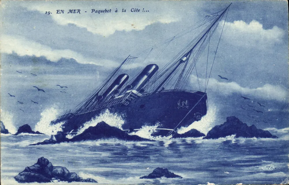 En Mer - Paquebot à la Côte !... — illustration d'un paquebot en difficulté près de rochers, éditeur non visible, n° 19 - Frente