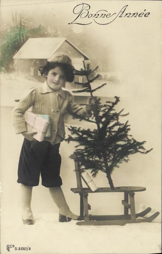 Kind mit Weihnachtsbaum — Winterlandschaft — QC Co S.2557/2 - Vorderseite