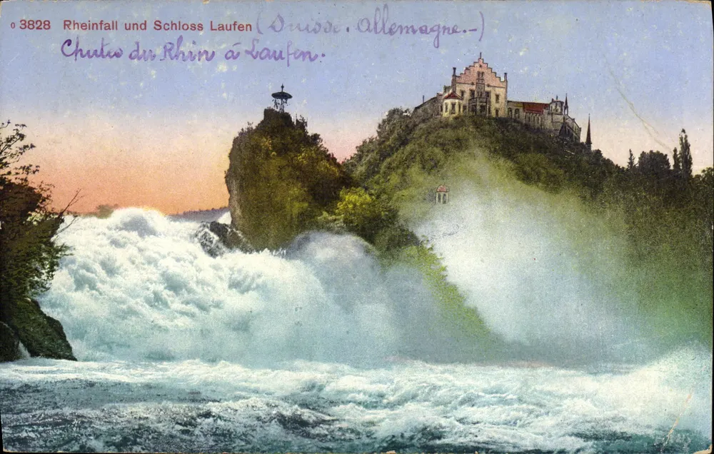 Cascata do Reno em Laufen — vista das cascata e do castelo — Edição Photoglobe, Zurique, n° 3828 - Frente