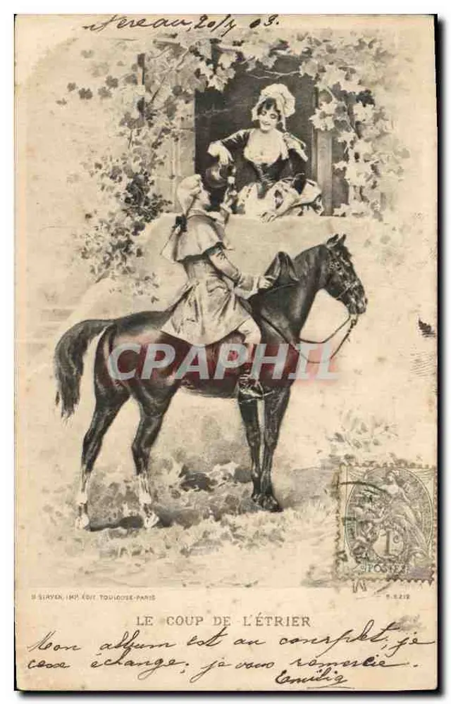 Le coup de l'étrier — scène de cavalier et de femme à l'arrière-plan — H. STRYEN, IMP. ÉDIT. TOULOUSE-PARIS, n° 3.212 - Vorderseite