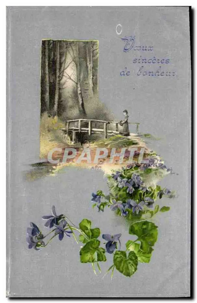 Mulher no ponte em uma floresta — violetas — texto 'Vœux sincères de bonheur' — editor não visível - Frente