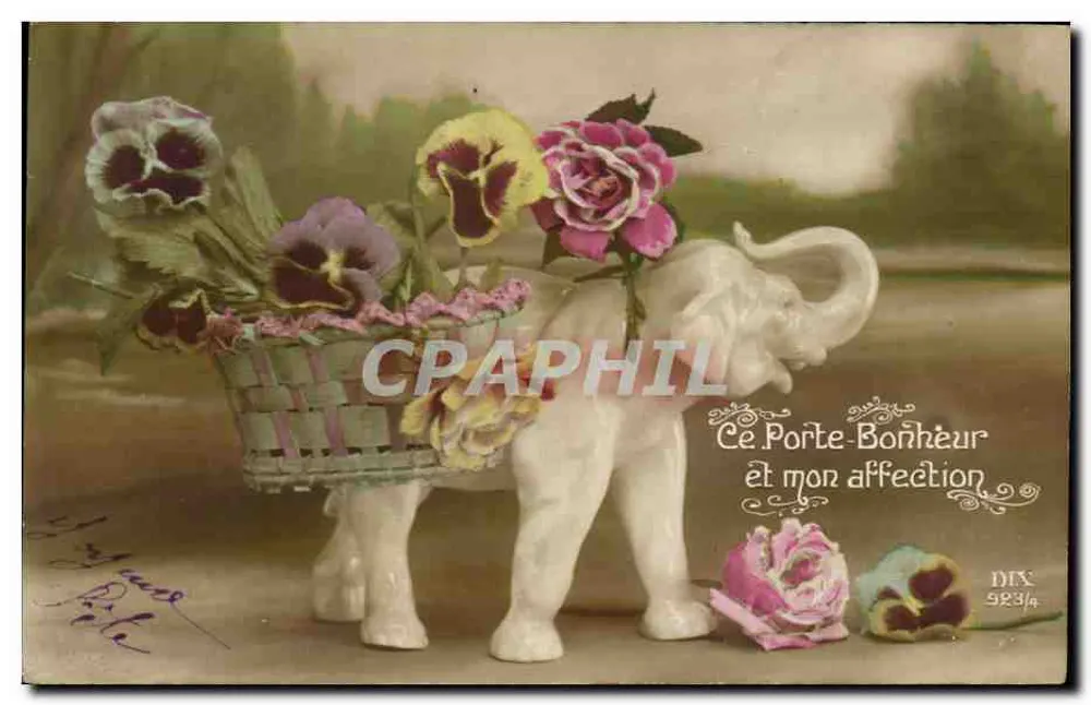 Elefante carregando um cesto de flores — Este Boa Sorte e minha afeto — Dix, n° 923 - Frente