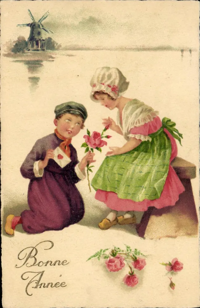 Criança oferecendo uma rosa a uma jovem — Boas Festas — Fabriaton Française n°148 - Frente