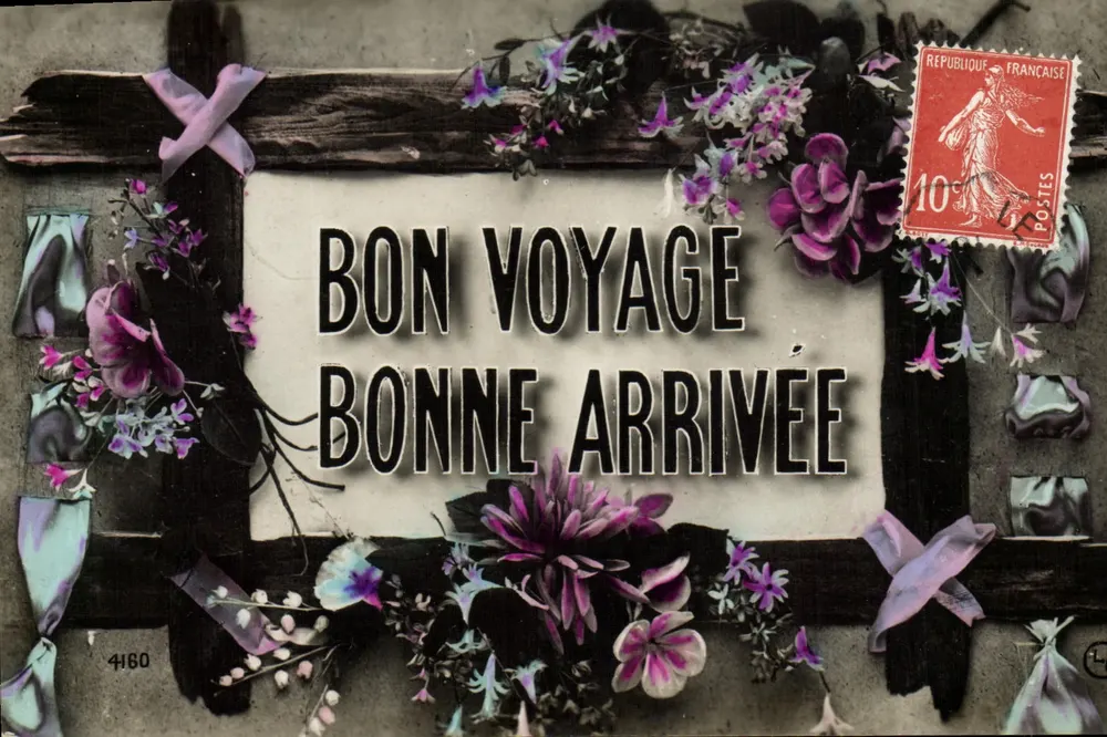 BON VOYAGE BONNE ARRIVEE — decoração floral e fita — editor desconhecido, n° 4160 - Frente