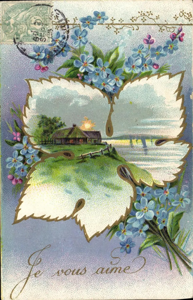Paisagem rural com casa — decoração de flores azuis — editor J.C. Paris n°506 - Frente