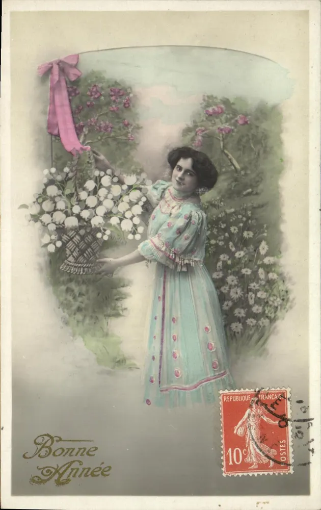 Frau in blauer Robe mit Blumenkorb — Frohes Neues Jahr — Verlag Velouté, Serie 709 - Vorderseite